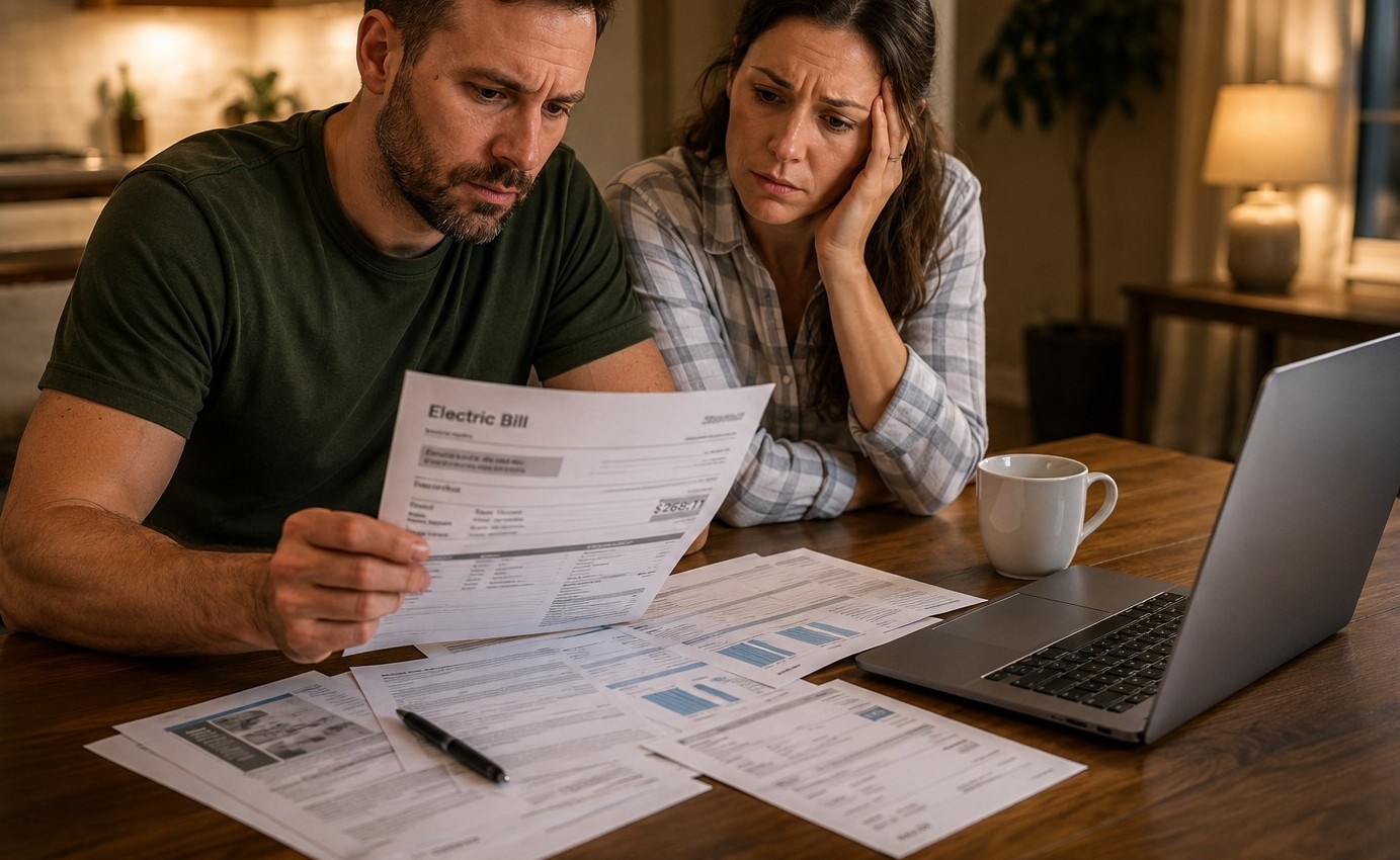 A couple at their kitchen table reviewing a high electric bill