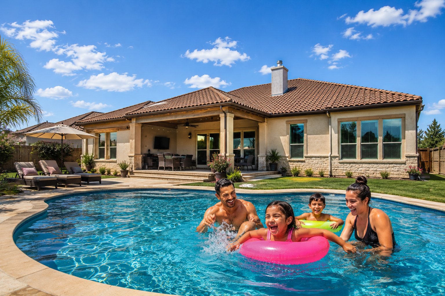 A family enjoying their backyard pool at a Texas home on a sunny summer day