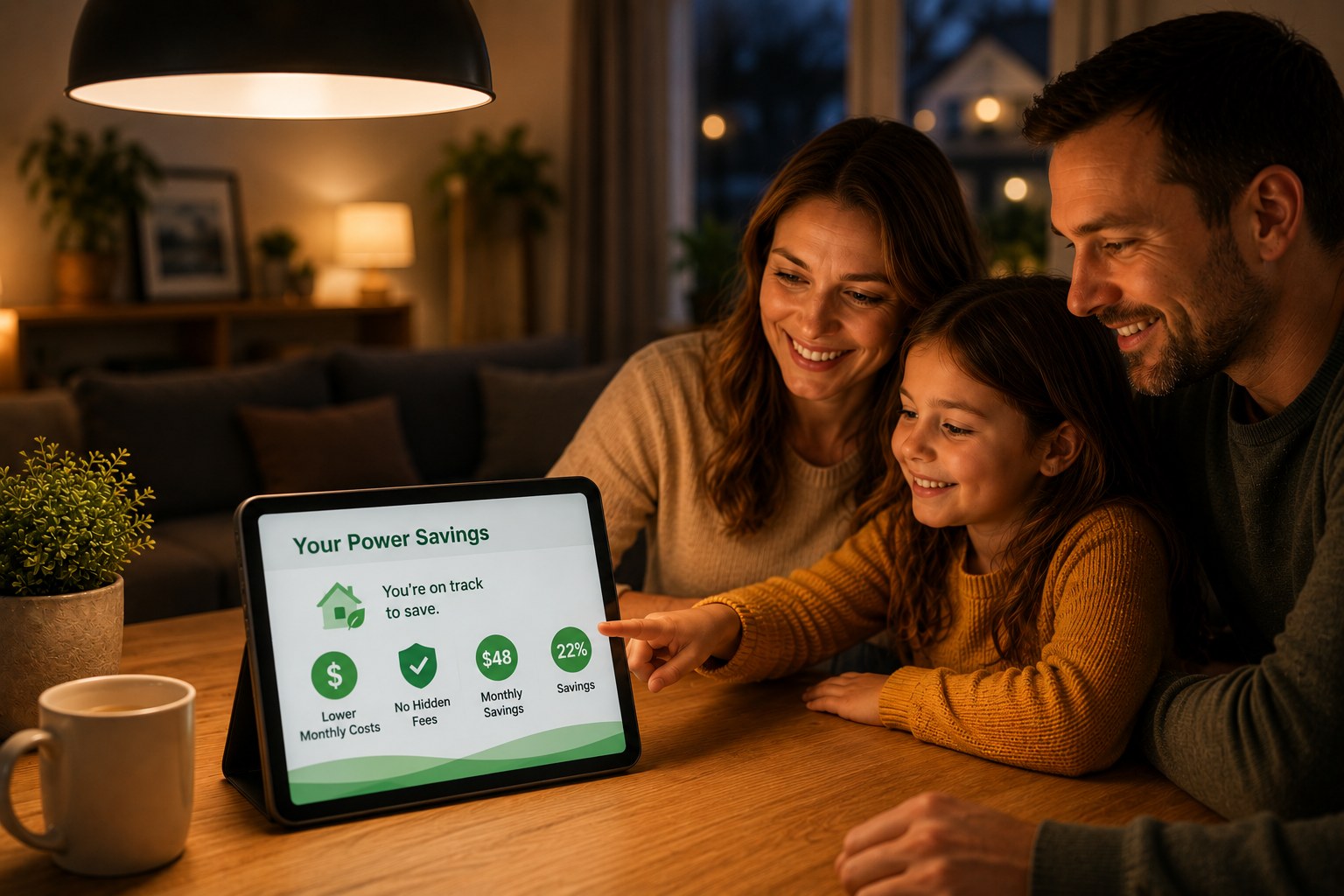 A family at their kitchen table checking their power savings on a tablet