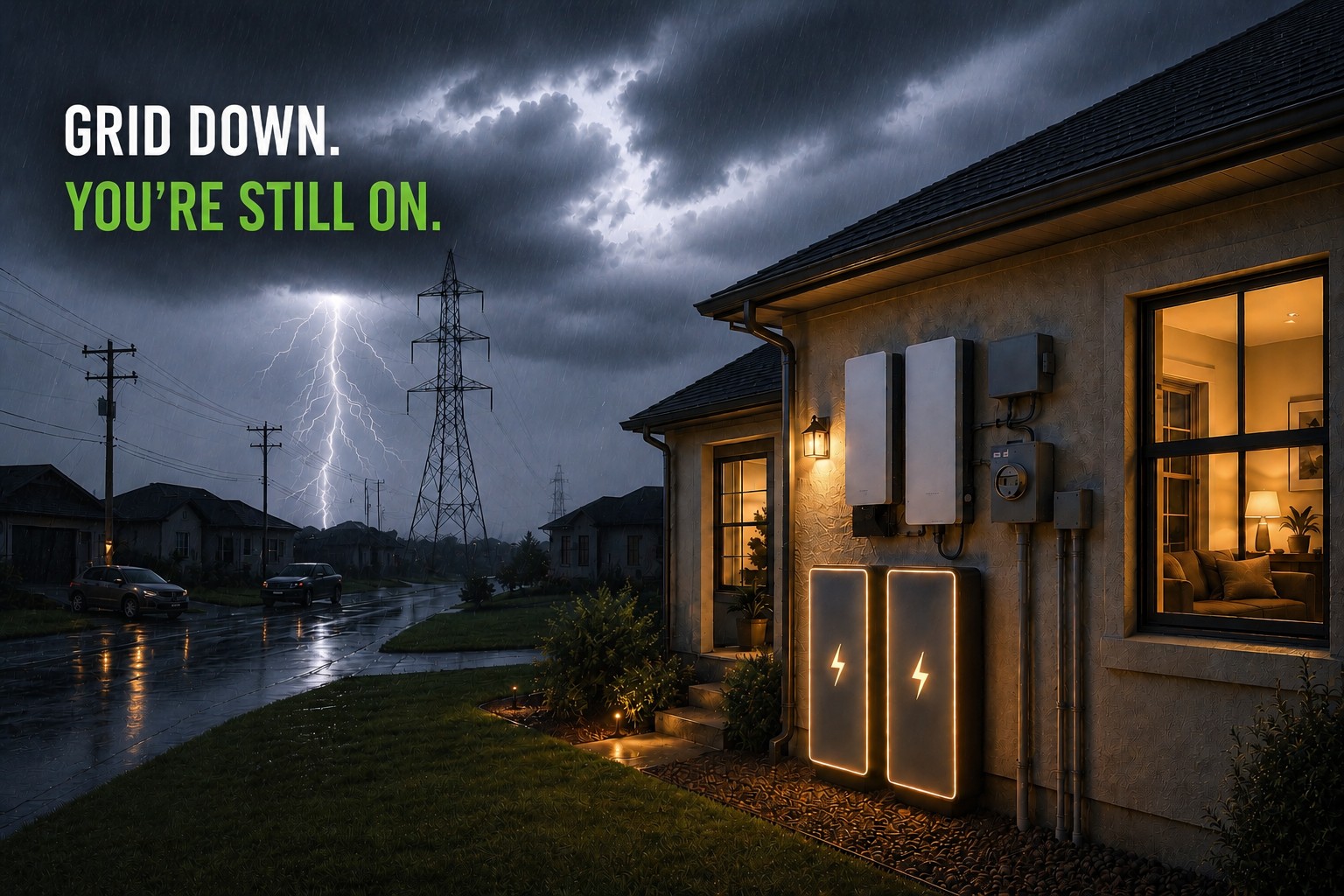Grid down, you're still on: a Texas home lit and powered by its battery backup during a night storm while the neighborhood loses power