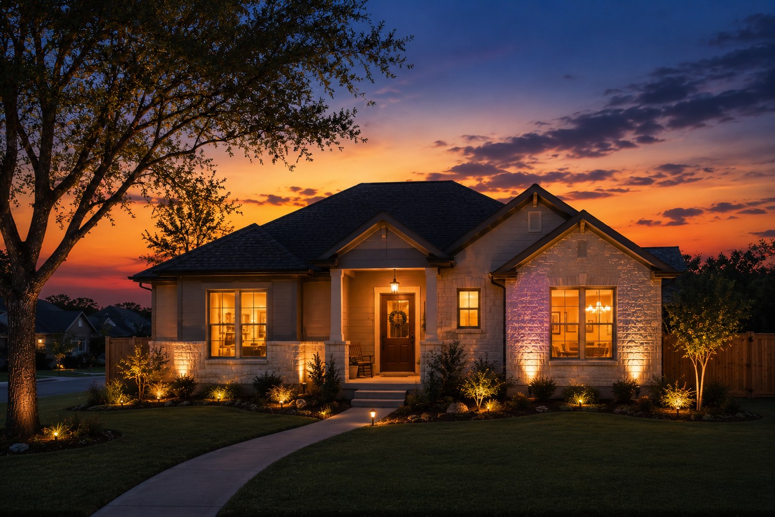 A Texas home glowing warmly at dusk