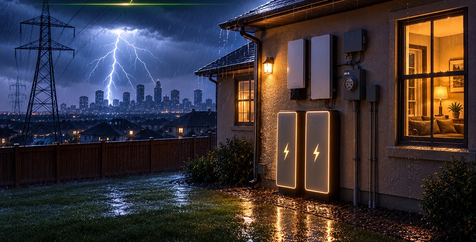 A Texas home weathering a lightning storm at night, its EcoFlow battery backup glowing and windows lit while the neighborhood around it loses power
