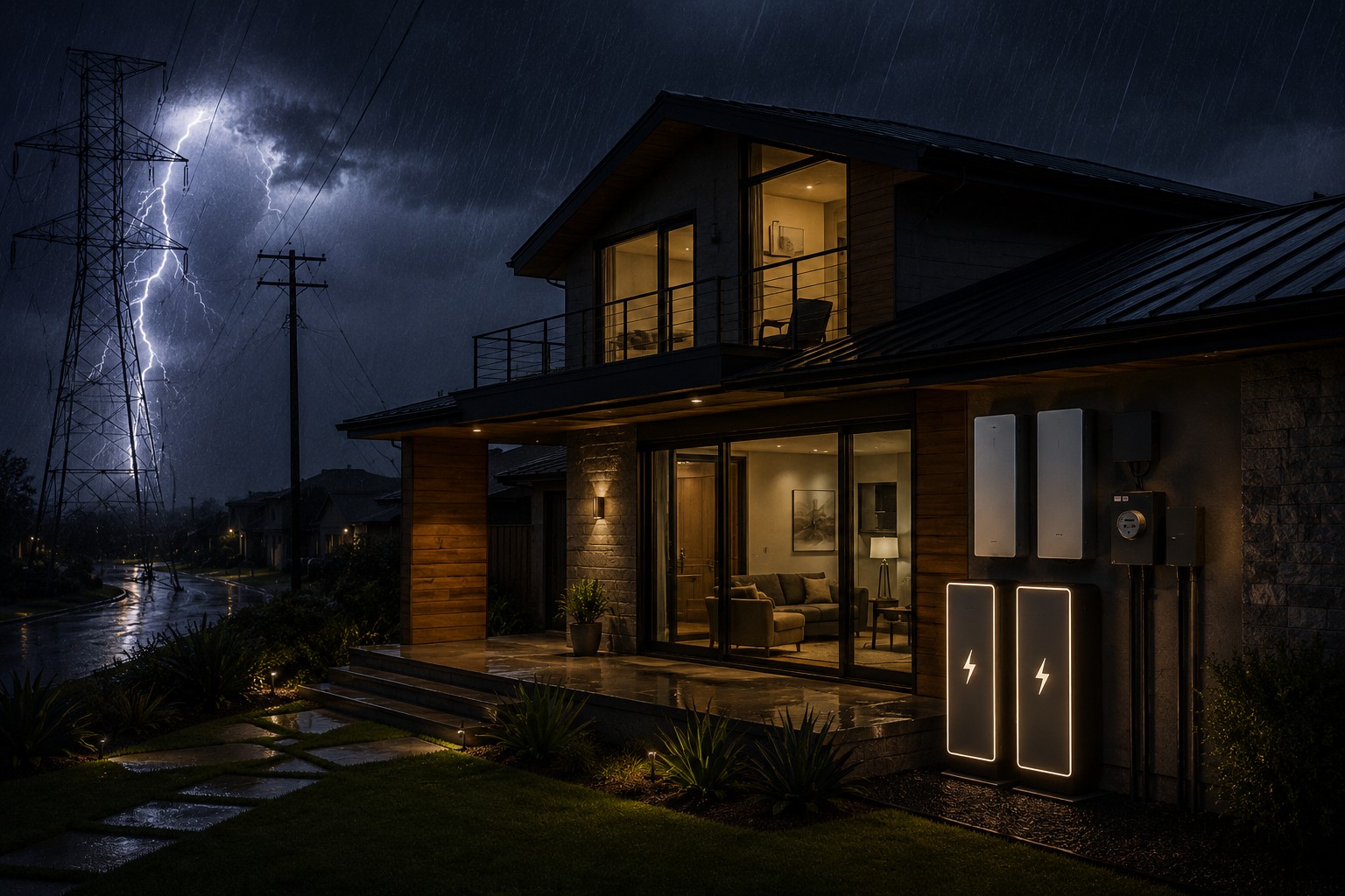 A modern home glowing warmly during a lightning storm, its battery backup lit and active beside the house