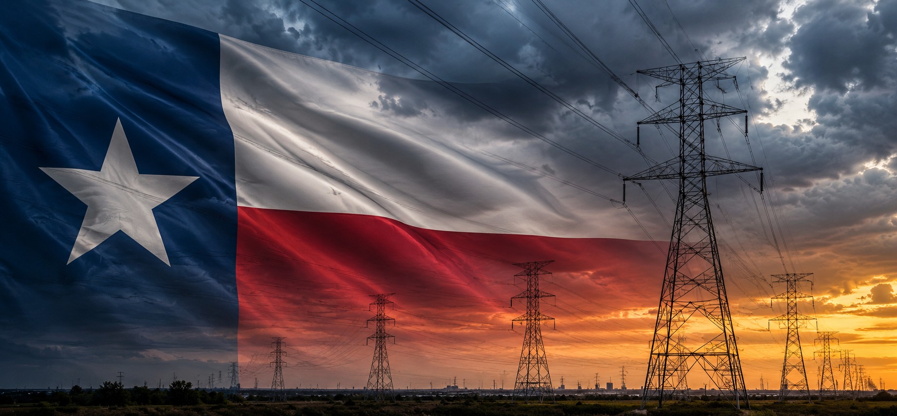 A Texas flag rippling over high-voltage power lines at sunset