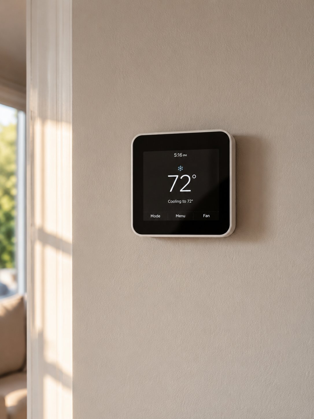 A modern smart thermostat mounted on a sunlit interior wall, displaying 72 degrees